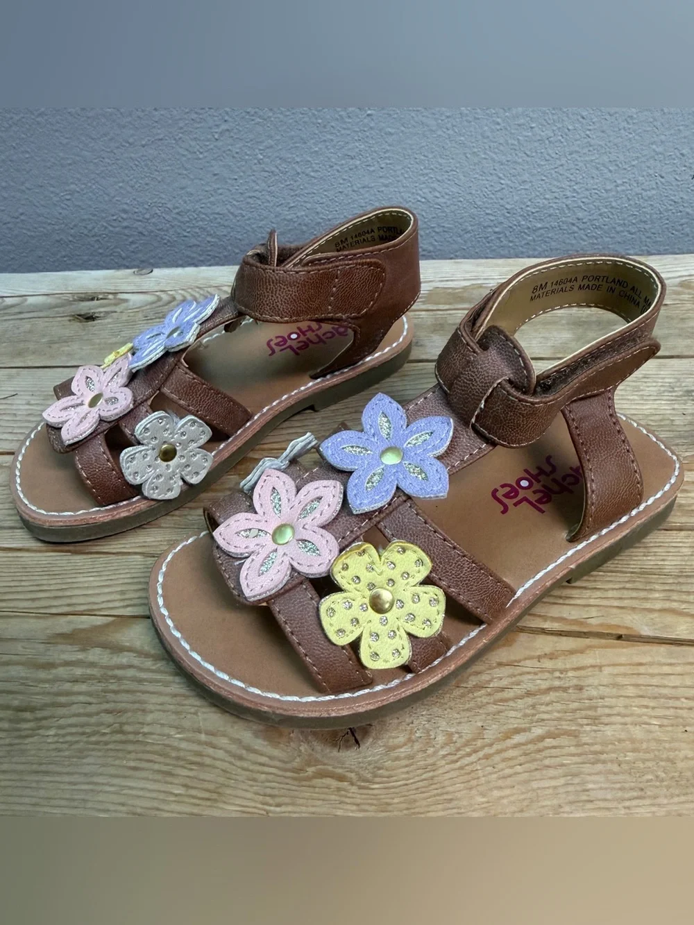 Kids Brown Floral Leather Sandals with Pastel Flowers